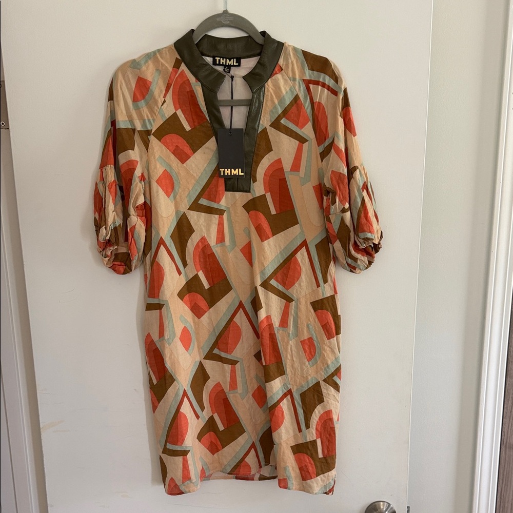 THML Retro Geometric Shift Dress in Coral, Olive & Beige